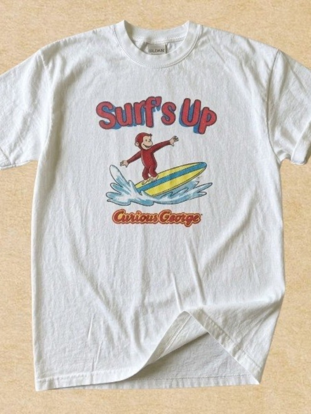 Gildan White Curious George "Surf's Up" Graphic Tee
